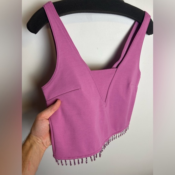NWT Anthropologie Size XS Crystal Fringe Beaded Stretch Crop Tank Top Purple - Picture 5 of 14